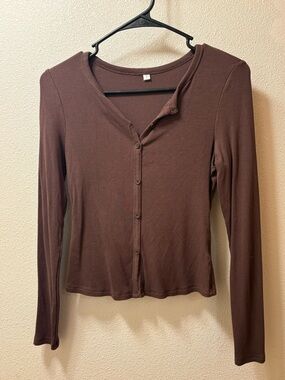 Brown Long-Sleeve Button-Front Women's Top